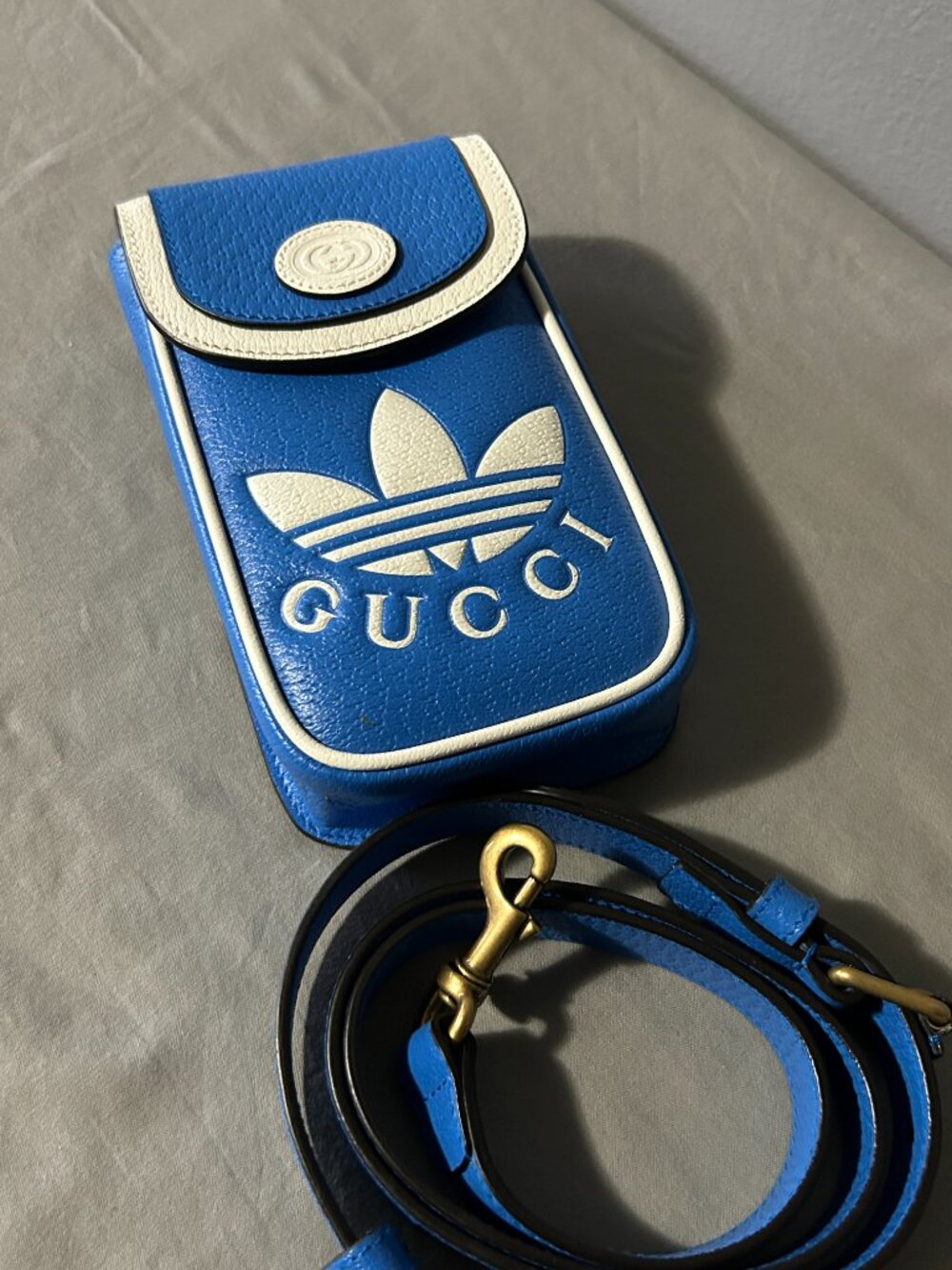 NWT adidas x Gucci Mini Bag with Strap Blue Leather Crossbody 721794 Trefoil GG